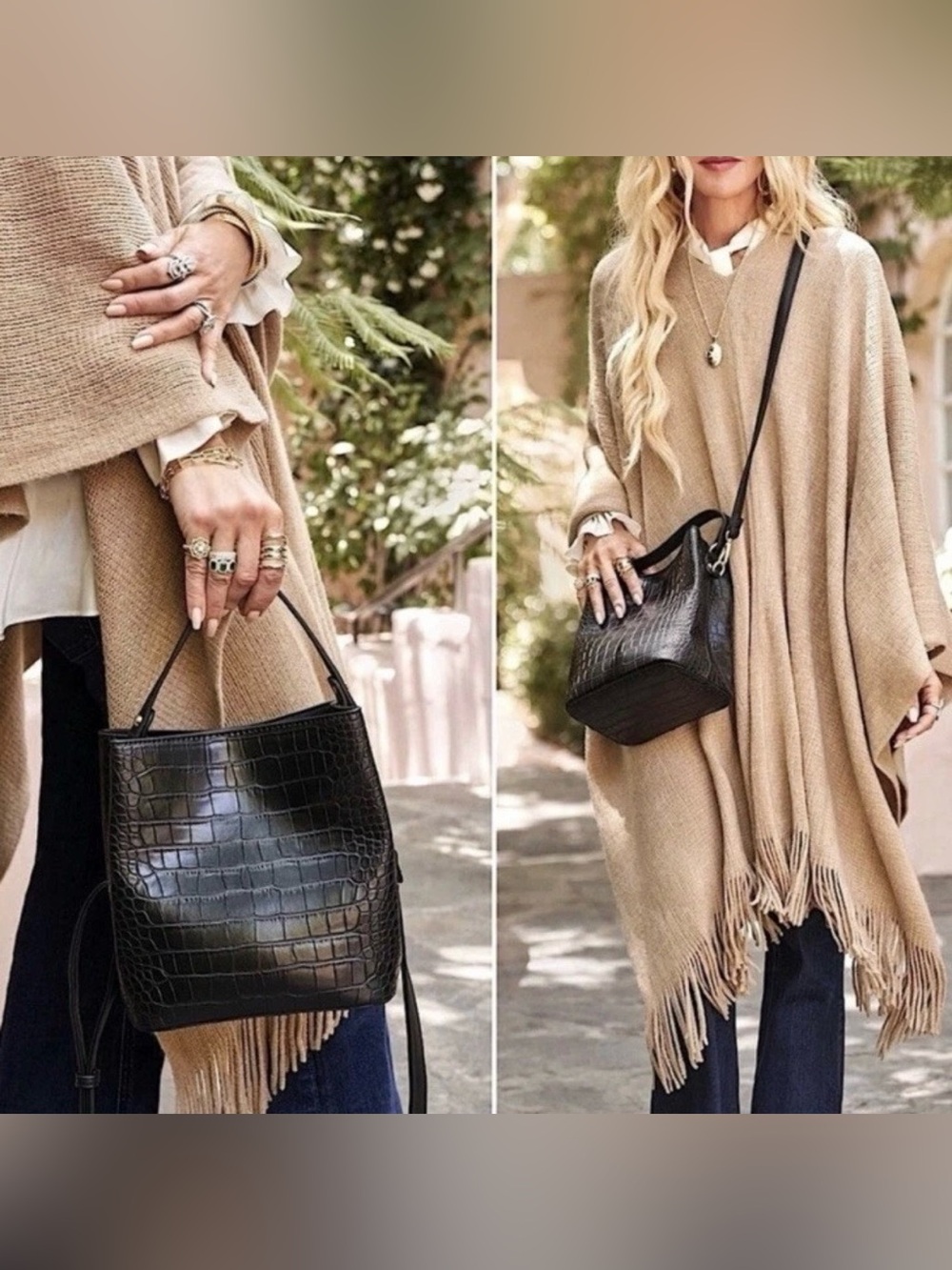 NWT AOTA Elena Croc Top Handle Bucket Bag With Detachable Crossbody Strap